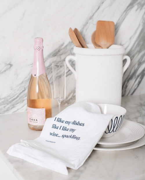 Funny dish towel for wine lovers. I like my dishes like I like my wine... sparkling. White premium kitchen towel with blue print.