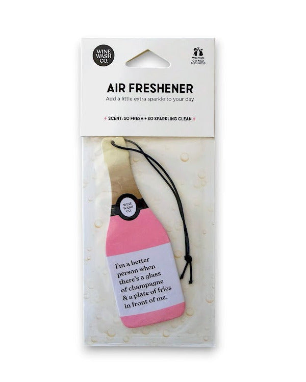 Pink air freshener in package champagne fries it girl