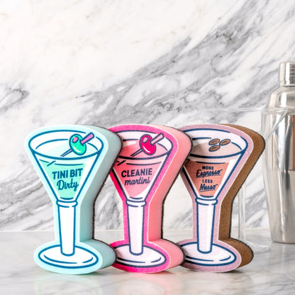 martini kitchen sponges on kitchen counter with martini glass and shaker
