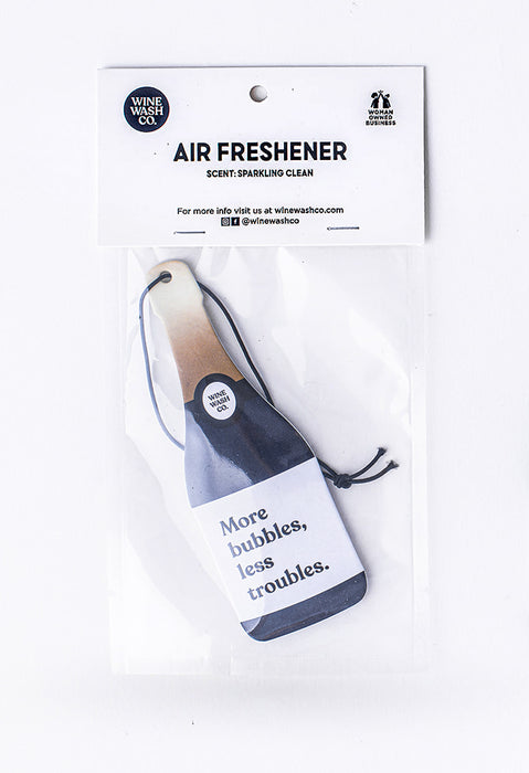 Champagne Shaped Sparkling Clean Air Freshener - More Bubbles Less Troubles - in package. Made by a woman-owned small business.