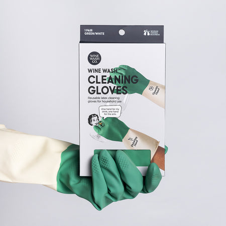 Wine Wash Co. cleaning gloves in green. Latex kitchen cleaning gloves for wine lovers. 