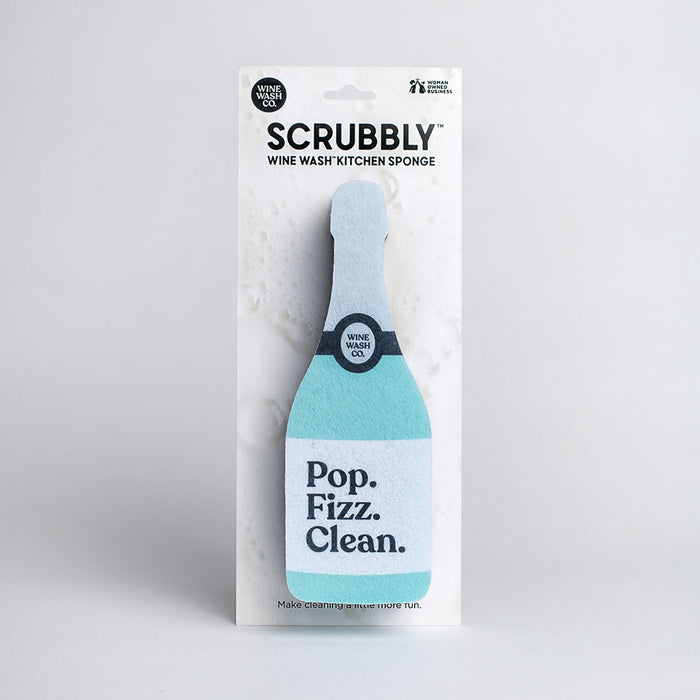 Where bubbles meet bubbly! When the bottle is empty, keep your spirits up and your kitchen clean with this fun (and effective) household sponge. A scour pad lines the bottom for those extra tough spots. Sponge is approximately 7.25 x 2.5 x 1.25". Includes (1) green champagne bottle-shaped "Pop Fizz Clean" sponge.  Makes for a great gift for the bubbly or wine lover in your life. When you shop with Wine Wash Co., you are supporting a small, woman-owned business!