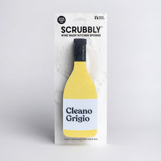 When the bottle is empty, keep your spirits up and your kitchen clean with this fun (and effective) household sponge. A scour pad lines the bottom for those extra tough spots. Sponge is approximately 7.25 x 2.5 x 1.25". Includes (1) yellow "Cleano Grigio" sponge. Makes for a great gift for the Pinot Grigio or wine lover in your life. When you shop with Wine Wash Co. you are supporting a small, woman-owned business!
